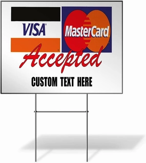 Custom Weatherproof Yard Sign Buy Here Pay Accepted ! Visa Mastercard Red Lawn Garden 18x12 Inches 2 Sides Print Personalized Text