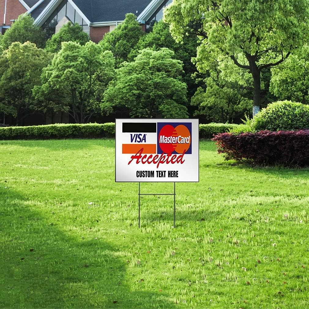 Custom Weatherproof Yard Sign Buy Here Pay Accepted ! Visa Mastercard Red Lawn Garden 18x12 Inches 2 Sides Print Personalized Text