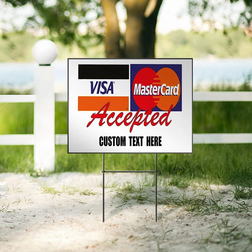 Custom Weatherproof Yard Sign Buy Here Pay Accepted ! Visa Mastercard Red Lawn Garden 18x12 Inches 2 Sides Print Personalized Text