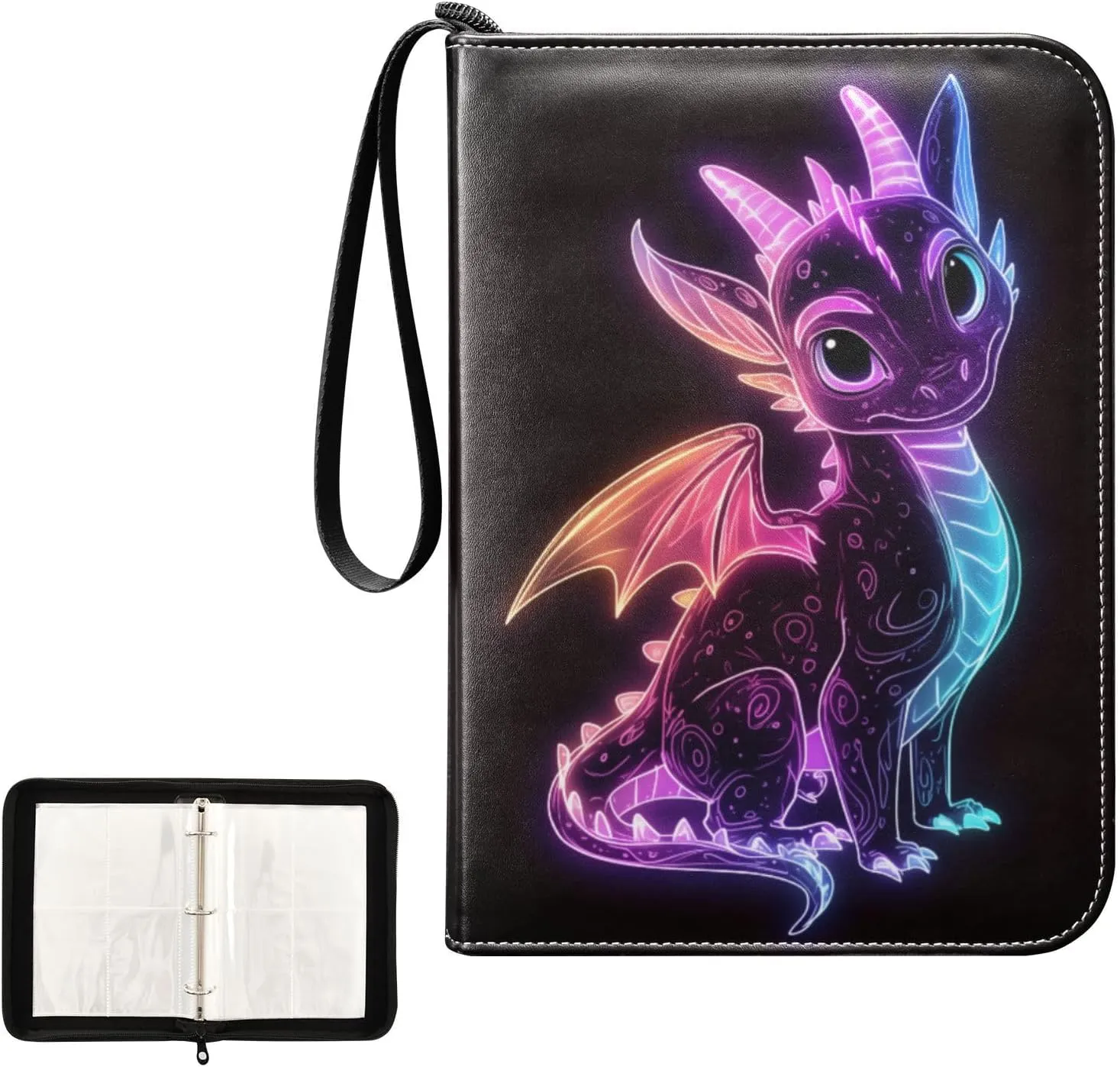 Cute Cartoon Colorful Dragon Card Binder 4 Pocket, Trading Card Holder Fits 400 Game Cards with 50 Removable Sleeves, MTG Card Case Standard Size