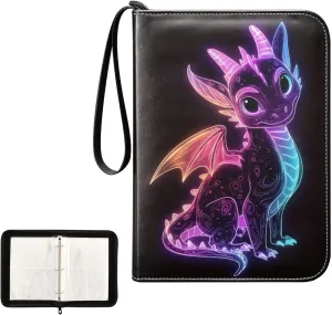 Cute Cartoon Colorful Dragon Card Binder 4 Pocket, Trading Card Holder Fits 400 Game Cards with 50 Removable Sleeves, MTG Card Case Standard Size