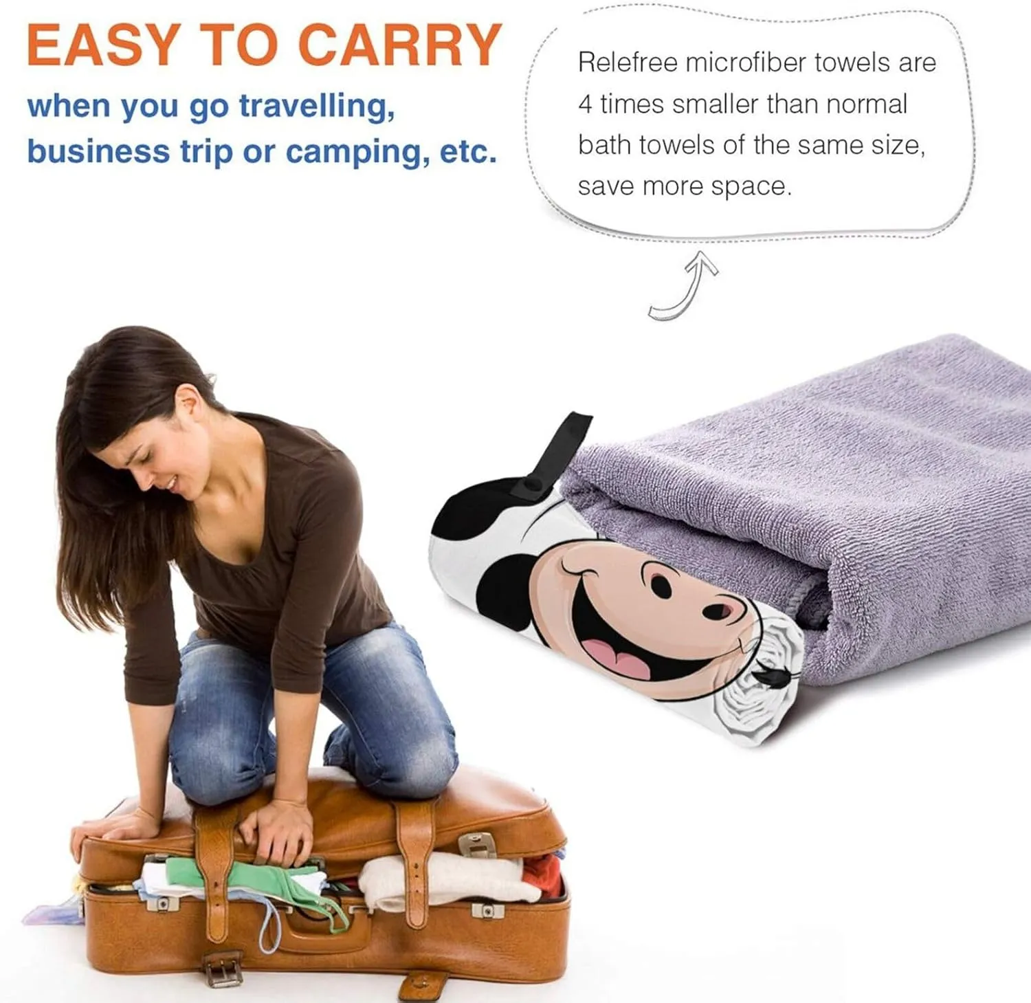 Cute Cow Print Premium Compact Microfiber Travel Towel-Featherlight & Quick Dry,Sand-Resistant Beach Towel for Swimming,Camping,Vacation Essentials with Carry Pouch