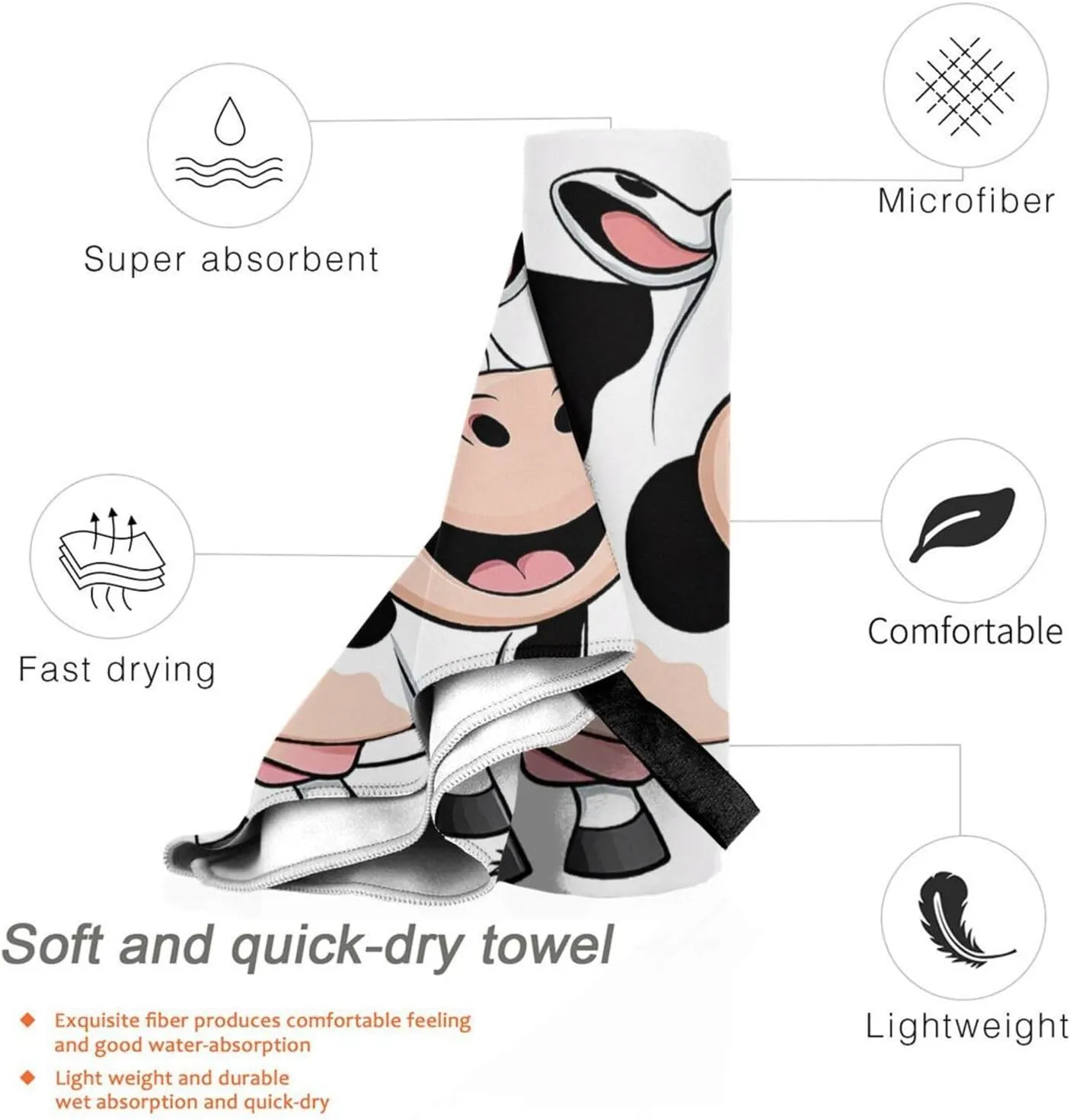 Cute Cow Print Premium Compact Microfiber Travel Towel-Featherlight & Quick Dry,Sand-Resistant Beach Towel for Swimming,Camping,Vacation Essentials with Carry Pouch