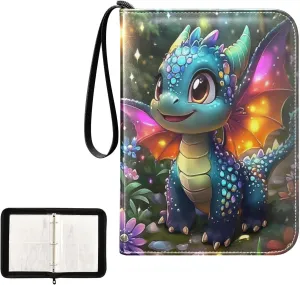 Cute Dragon Colorful Glowing Scales Card Binder 4 Pocket, Trading Card Holder Fits 400 Game Cards with 50 Removable Sleeves, MTG Card Case Standard Size