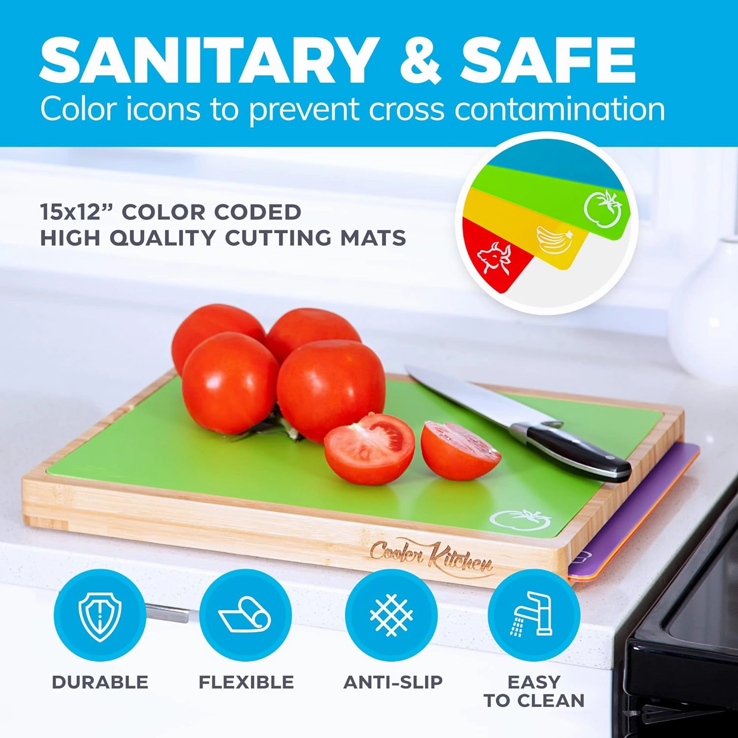Cutting Boards for Kitchen – Bamboo Cutting Board Set with 6 Color-Coded Flexible Chopping Mats, Easy Clean Wood and Dishwasher-Safe Plastic, Large 17×12, Knife-Friendly by Cooler Kitchen