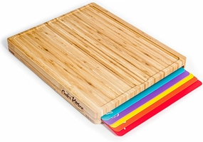 Cutting Boards for Kitchen – Bamboo Cutting Board Set with 6 Color-Coded Flexible Chopping Mats, Easy Clean Wood and Dishwasher-Safe Plastic, Large 17×12, Knife-Friendly by Cooler Kitchen