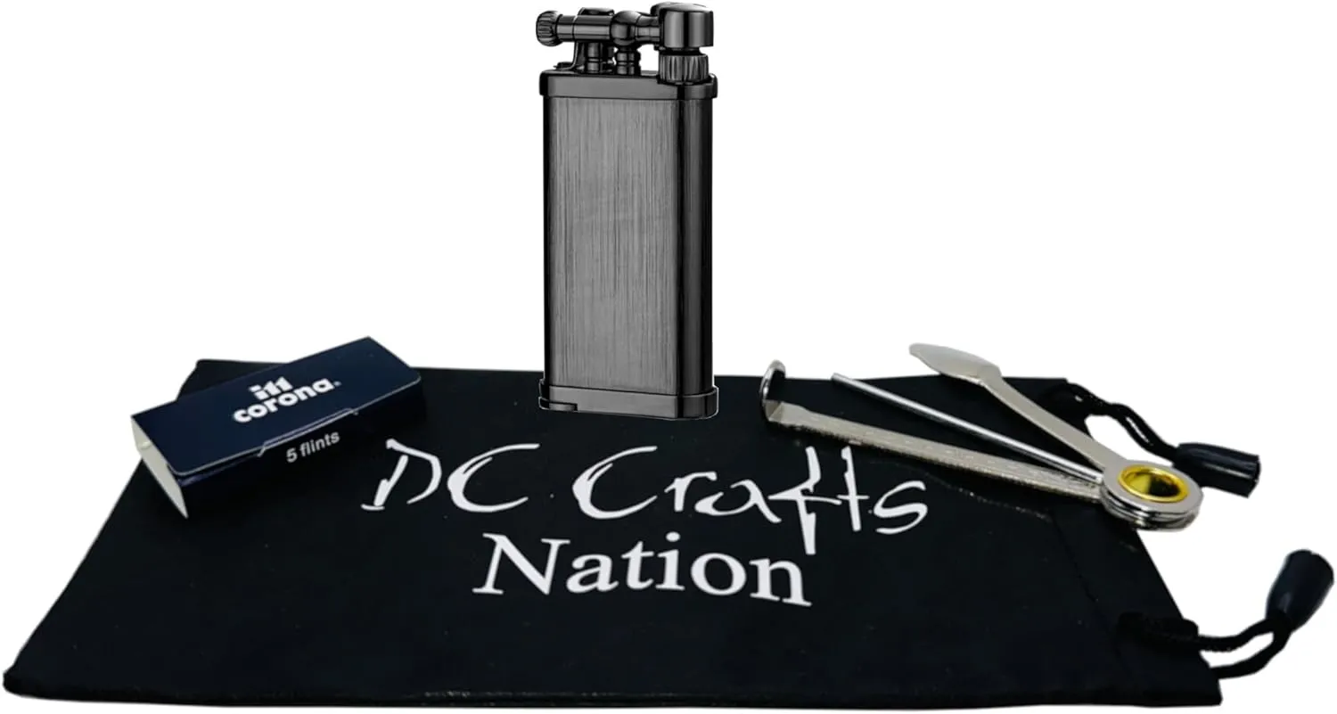 DC Crafts Pipe Bag with IM Corona Old Boy Pipe Lighter - Includes Czech Pipe Tool, & 5 Pack of IM Corona Flints - (Gunmetal)