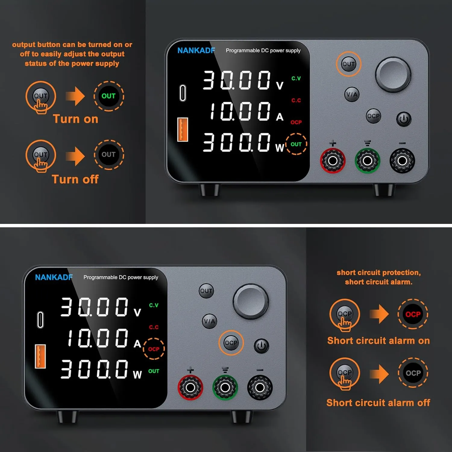 DC Power Supply, 30V 10A Bench Power Supply with Encoder Adjustment, 5V/3.6A USB&Type-C Quick-Charge, Variable Power Supplies with Output Enable/Disable Button, Short Circuit Alarm (0-30V 0-10A)