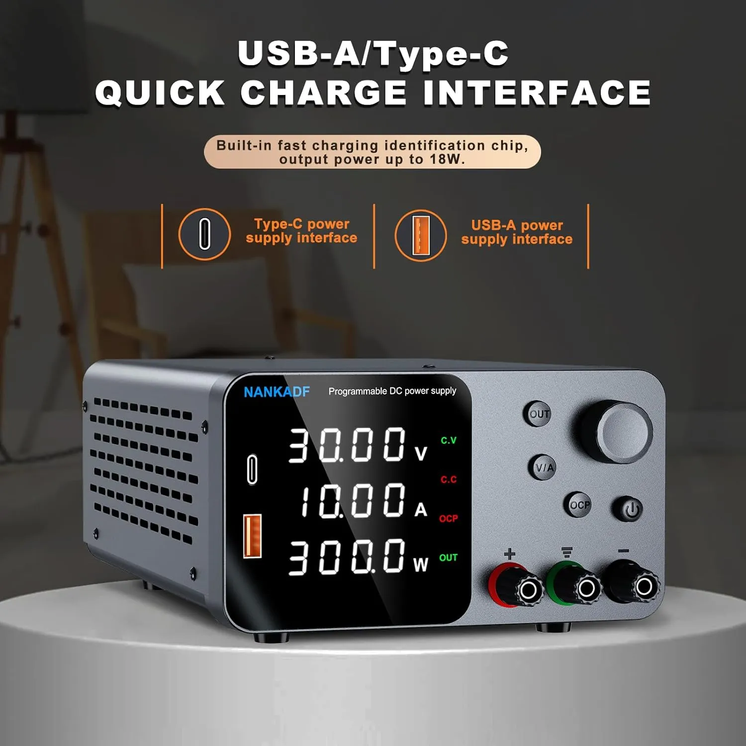 DC Power Supply, 30V 10A Bench Power Supply with Encoder Adjustment, 5V/3.6A USB&Type-C Quick-Charge, Variable Power Supplies with Output Enable/Disable Button, Short Circuit Alarm (0-30V 0-10A)