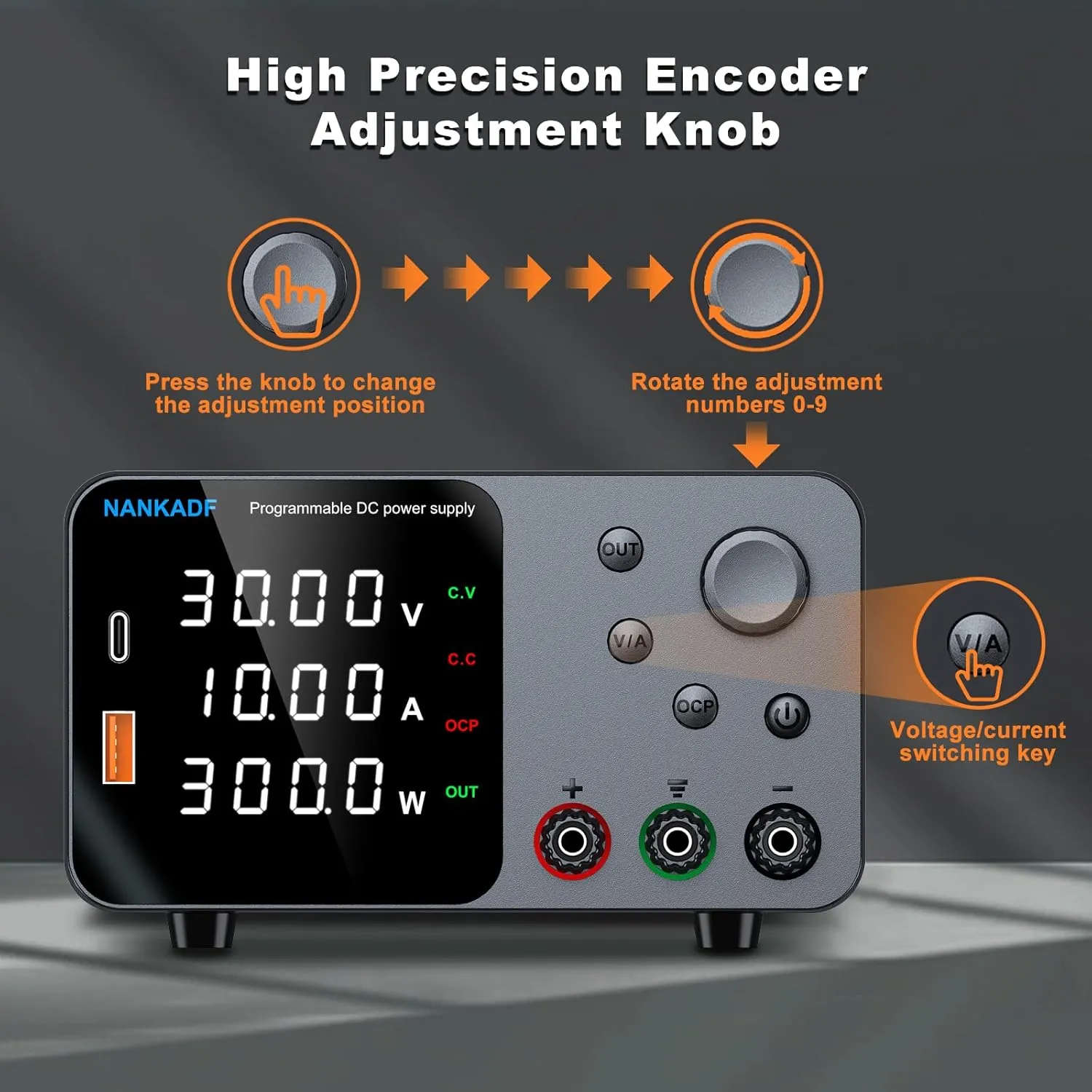 DC Power Supply, 30V 10A Bench Power Supply with Encoder Adjustment, 5V/3.6A USB&Type-C Quick-Charge, Variable Power Supplies with Output Enable/Disable Button, Short Circuit Alarm (0-30V 0-10A)