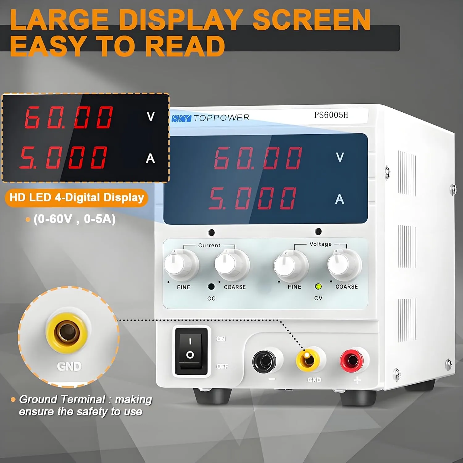 DC Power Supply Variable, 0-60V 0-5A Adjustable Switching Regulated Bench Power Supply with High Precision 4-Digit LED Display for Hobbyist, Repairing Testing, KPS6005H