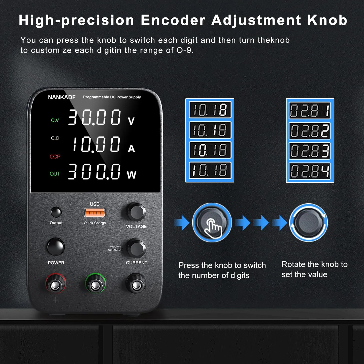 DC Power Supply Variable, Bench Power Supply with Encoder Adjustment Knob, Output Enable/Disable Button, Adjustable Power Supplies with USB Quick-Charge, Short Circuit Alam (30V 10A Black)
