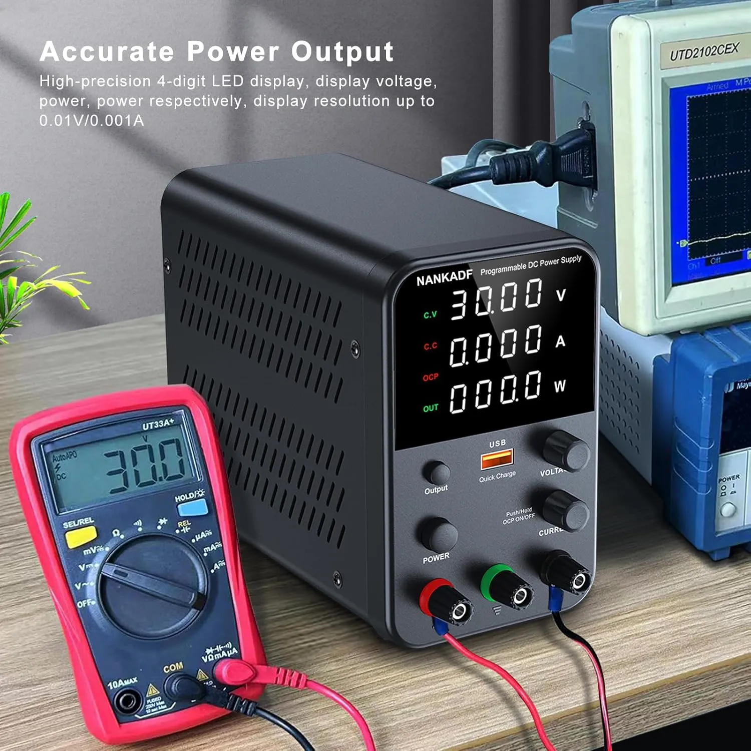 DC Power Supply Variable, Bench Power Supply with Encoder Adjustment Knob, Output Enable/Disable Button, Adjustable Power Supplies with USB Quick-Charge, Short Circuit Alam (30V 10A Black)