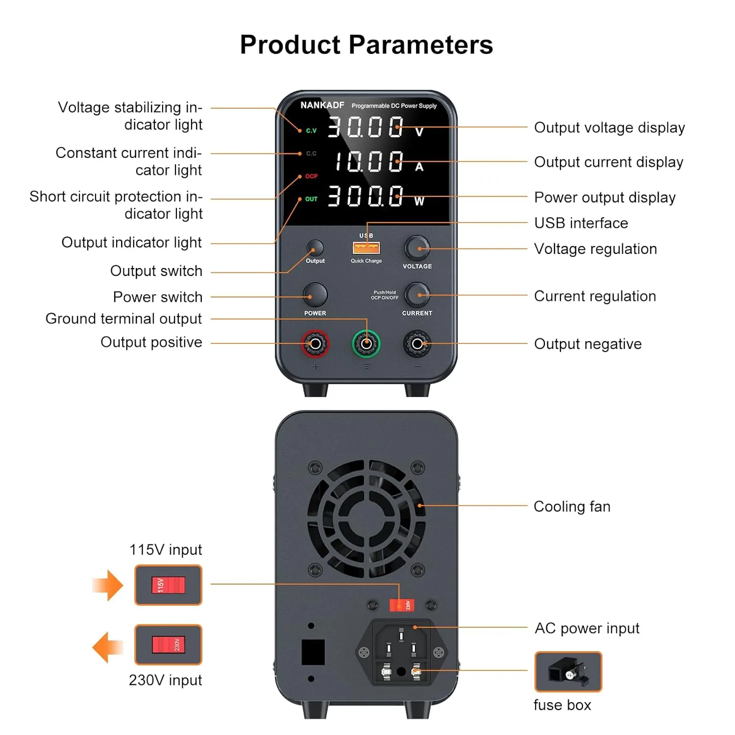 DC Power Supply Variable, Bench Power Supply with Encoder Adjustment Knob, Output Enable/Disable Button, Adjustable Power Supplies with USB Quick-Charge, Short Circuit Alam (30V 10A Black)