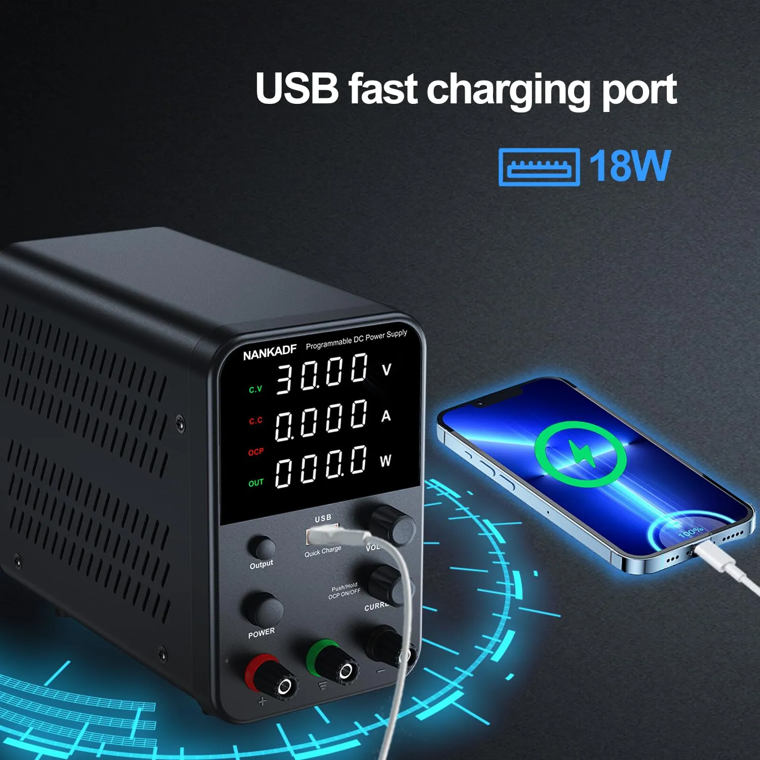 DC Power Supply Variable, Bench Power Supply with Encoder Adjustment Knob, Output Enable/Disable Button, Adjustable Power Supplies with USB Quick-Charge, Short Circuit Alam (30V 10A Black)