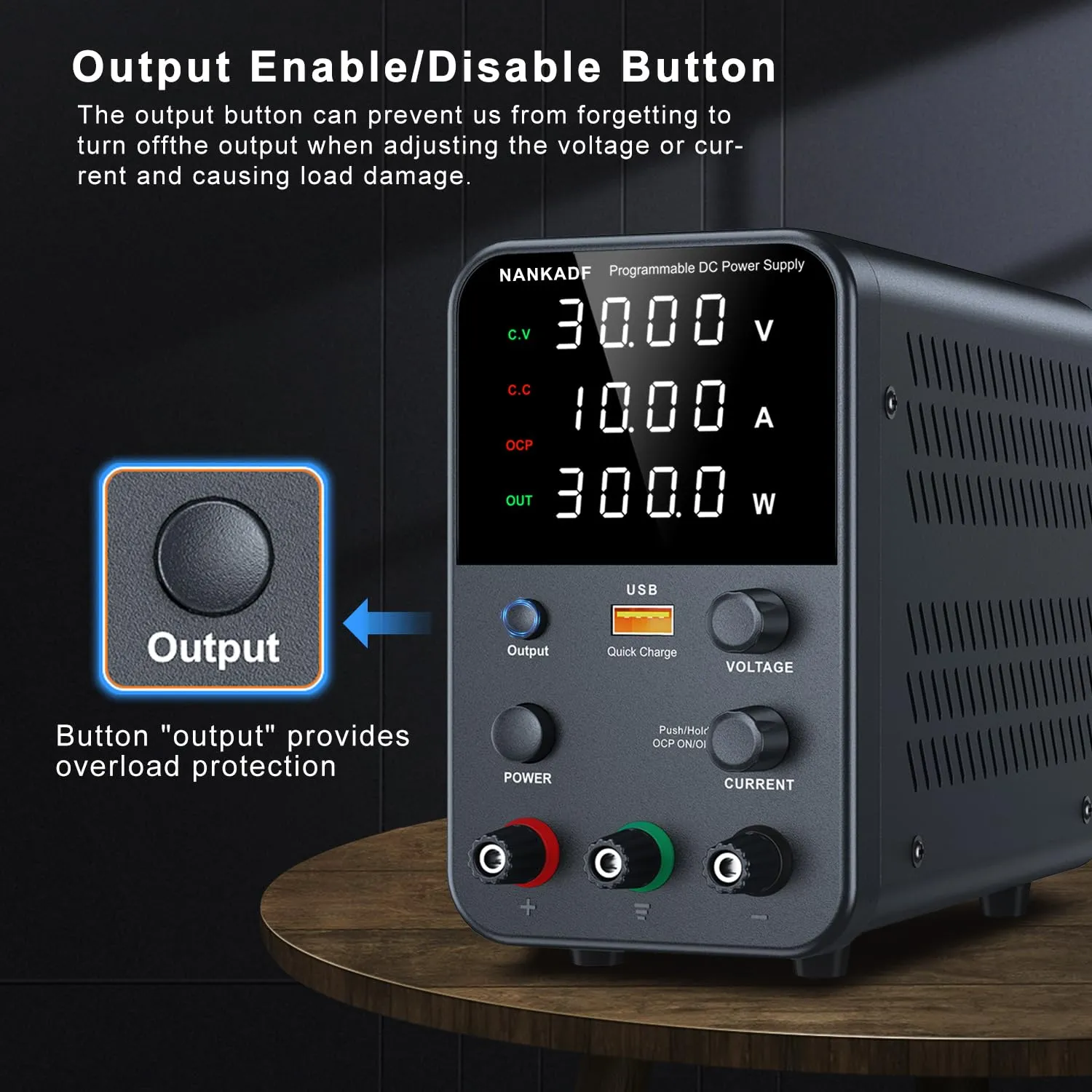 DC Power Supply Variable, Bench Power Supply with Encoder Adjustment Knob, Output Enable/Disable Button, Adjustable Power Supplies with USB Quick-Charge, Short Circuit Alam (30V 10A Black)