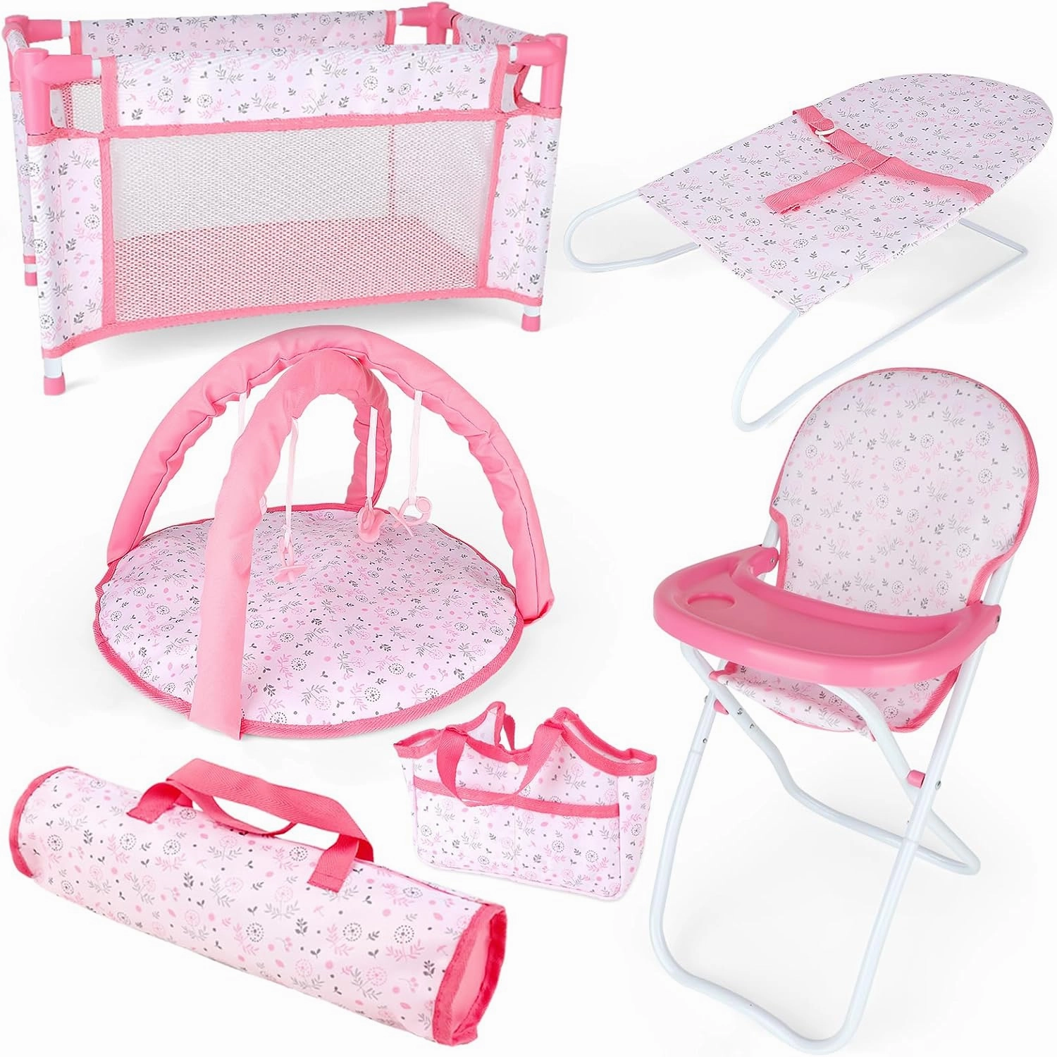 deAO Baby Doll Accessories Baby Doll Playset Doll High Chair Baby Doll Crib Bed Play Mat Storage Bag Handbag Wing - 6 in 1 Pink Dolls Playset with Furniture Toys for 12-14’’ Dolls