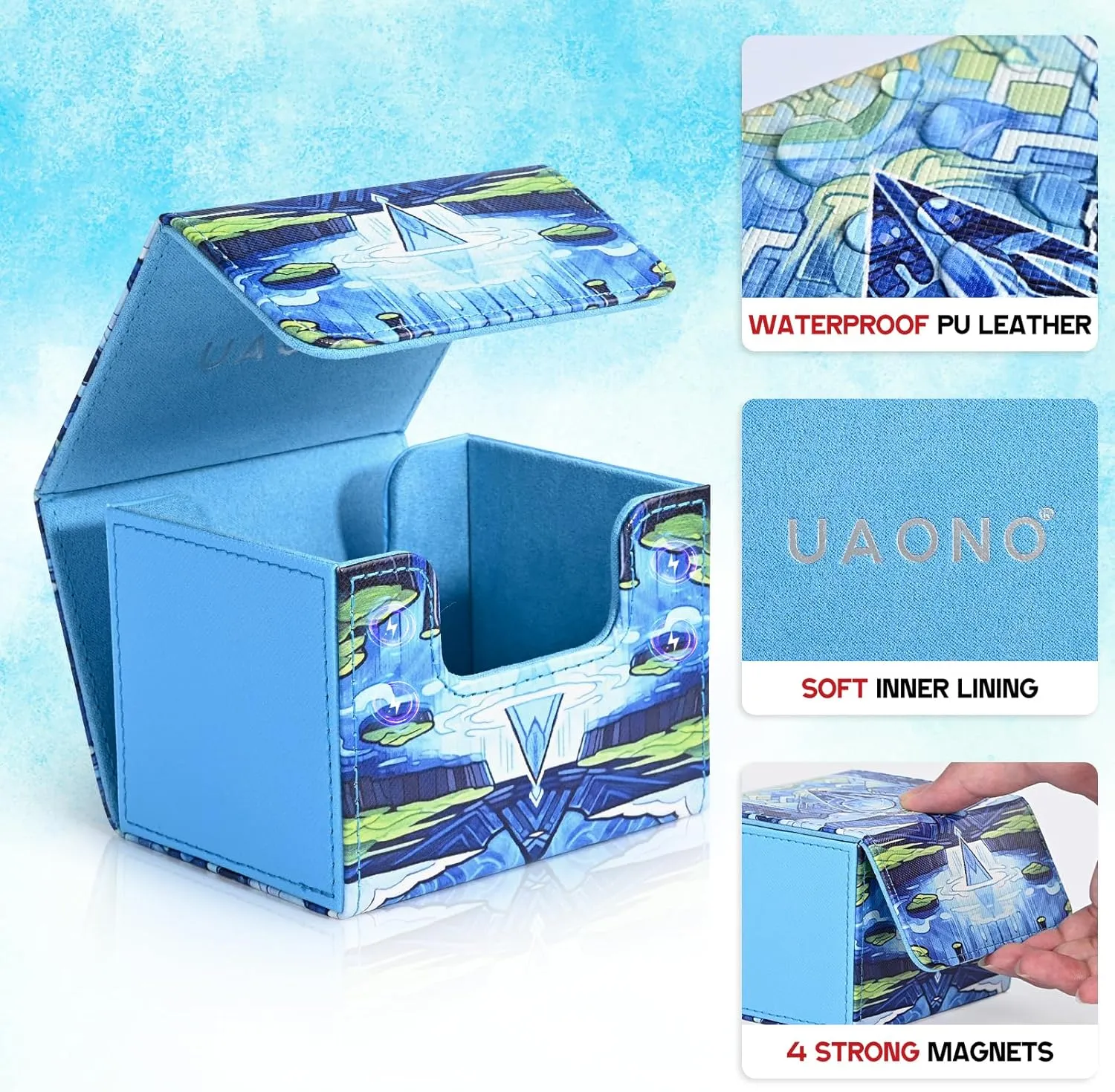 Deck Box for MTG Cards, Trading Card Storage Box Holds 120  Sleeved Commander Deck, PU Leather Card Box Suits TCG Magic Cards with 2 Dividers (Blue,Drop)