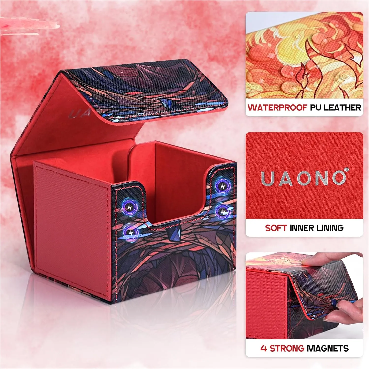 Deck Box for MTG Cards, Trading Card Storage Box Holds 120  Sleeved Commander Deck, PU Leather Card Box Suits TCG Magic Cards with 2 Dividers (Red,Flame)