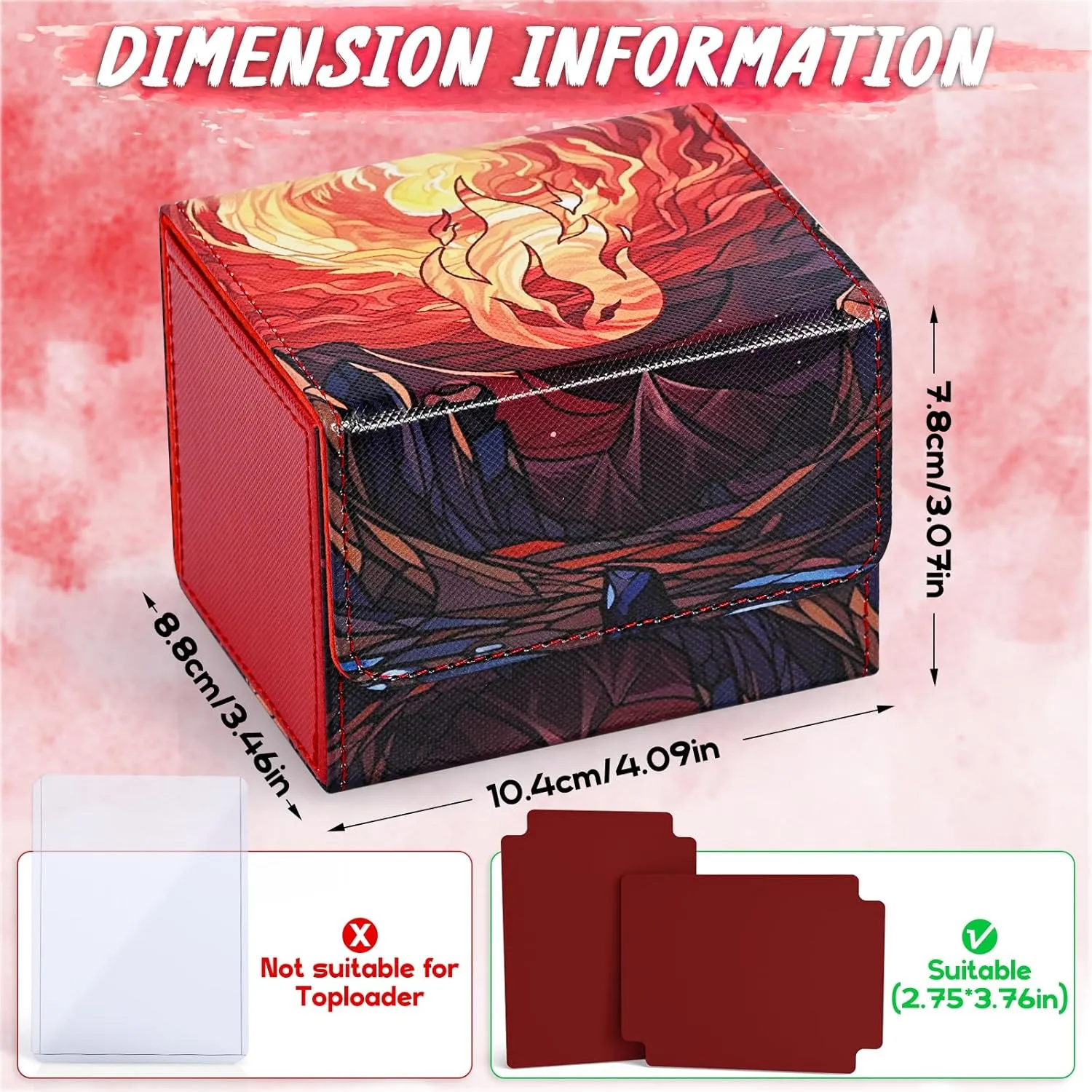 Deck Box for MTG Cards, Trading Card Storage Box Holds 120  Sleeved Commander Deck, PU Leather Card Box Suits TCG Magic Cards with 2 Dividers (Red,Flame)