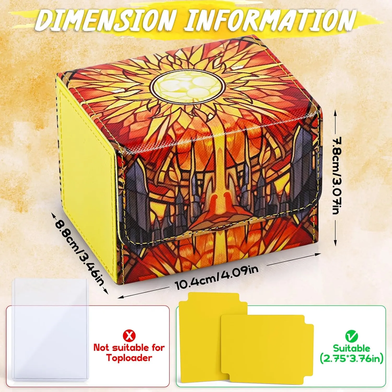 Deck Box for MTG Cards, Trading Card Storage Box Holds 120  Sleeved Commander Deck, PU Leather Card Box Suits TCG Magic Cards with 2 Dividers (Yellow,Sun)