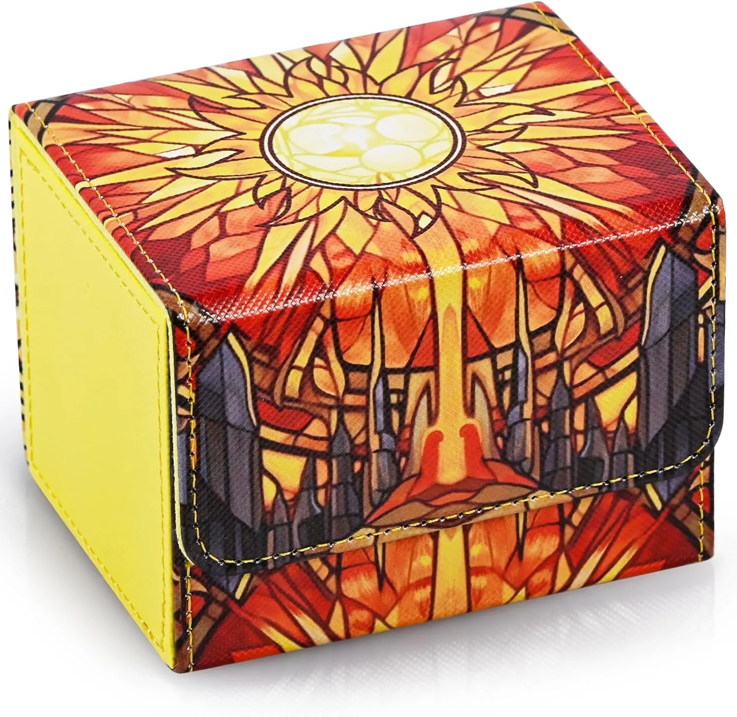 Deck Box for MTG Cards, Trading Card Storage Box Holds 120  Sleeved Commander Deck, PU Leather Card Box Suits TCG Magic Cards with 2 Dividers (Yellow,Sun)