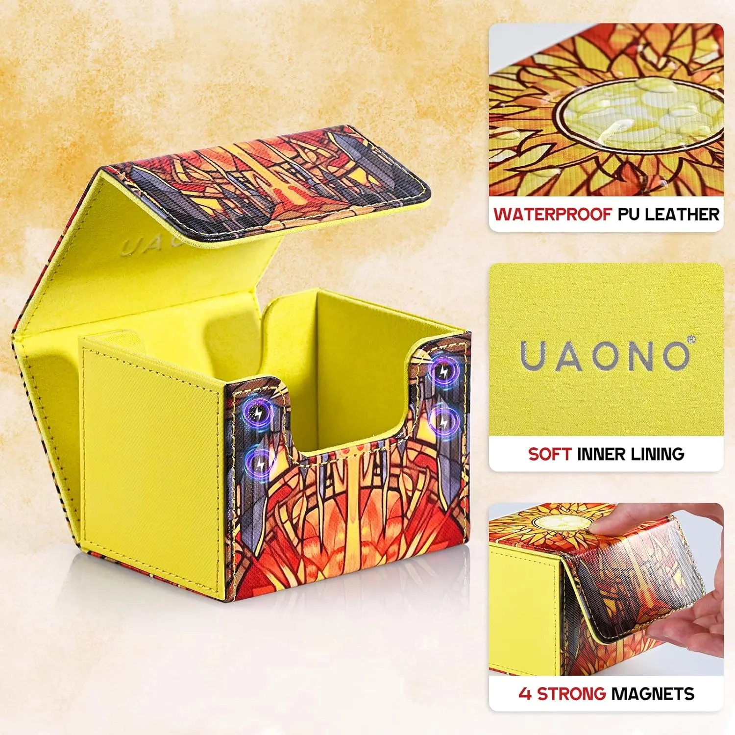 Deck Box for MTG Cards, Trading Card Storage Box Holds 120  Sleeved Commander Deck, PU Leather Card Box Suits TCG Magic Cards with 2 Dividers (Yellow,Sun)