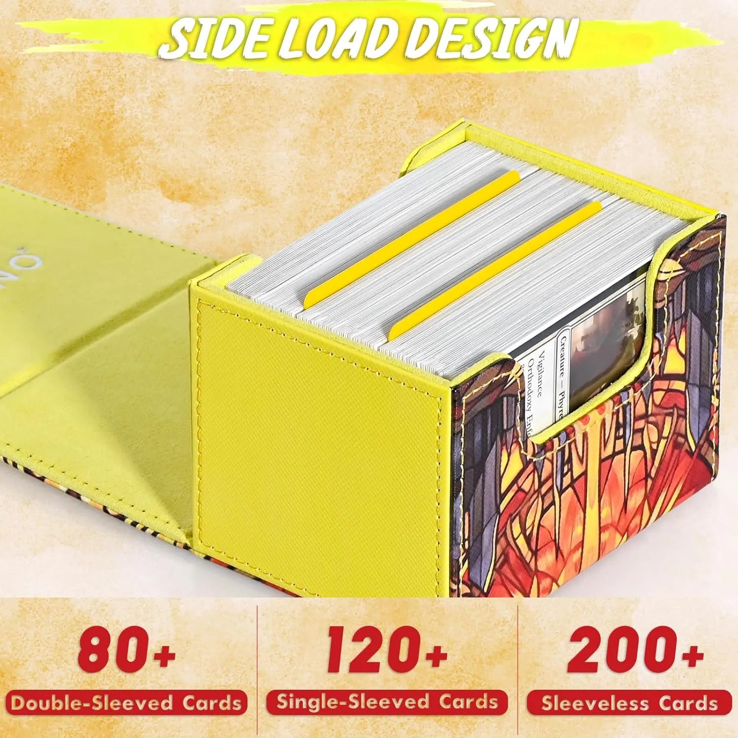 Deck Box for MTG Cards, Trading Card Storage Box Holds 120  Sleeved Commander Deck, PU Leather Card Box Suits TCG Magic Cards with 2 Dividers (Yellow,Sun)