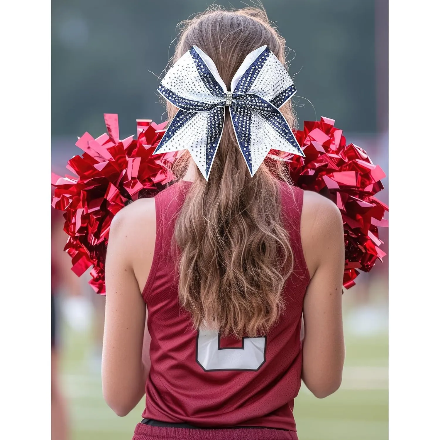 DEEKA 6PCS 8" Large Glitter Navy and White Cheer Bows with Full Shiny Rhinestones Stiff Cheer Hair Bows Elastic Band Ponytail Holder for Cheerleader Girls Sports-Navy/White