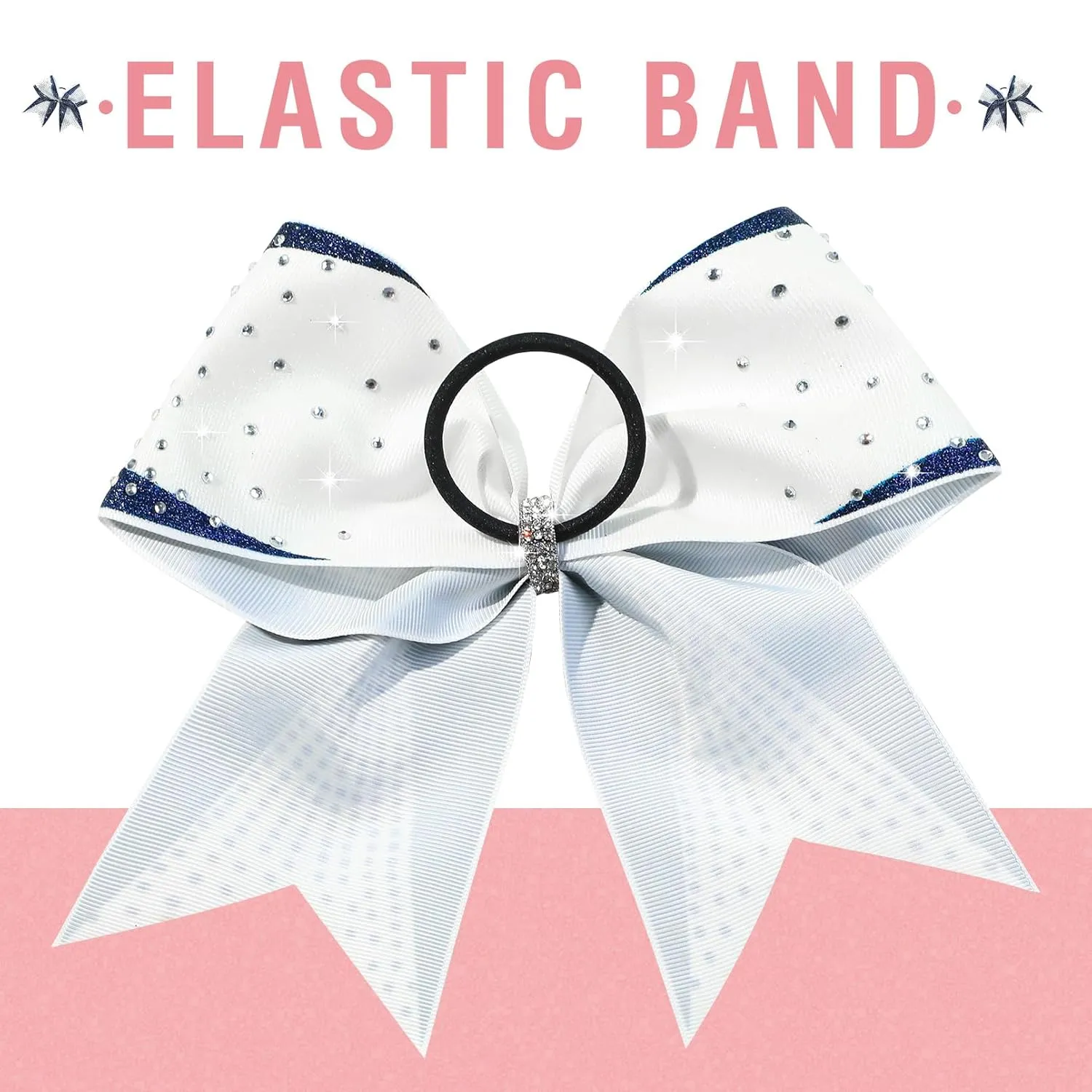 DEEKA 6PCS 8" Large Glitter Navy and White Cheer Bows with Full Shiny Rhinestones Stiff Cheer Hair Bows Elastic Band Ponytail Holder for Cheerleader Girls Sports-Navy/White
