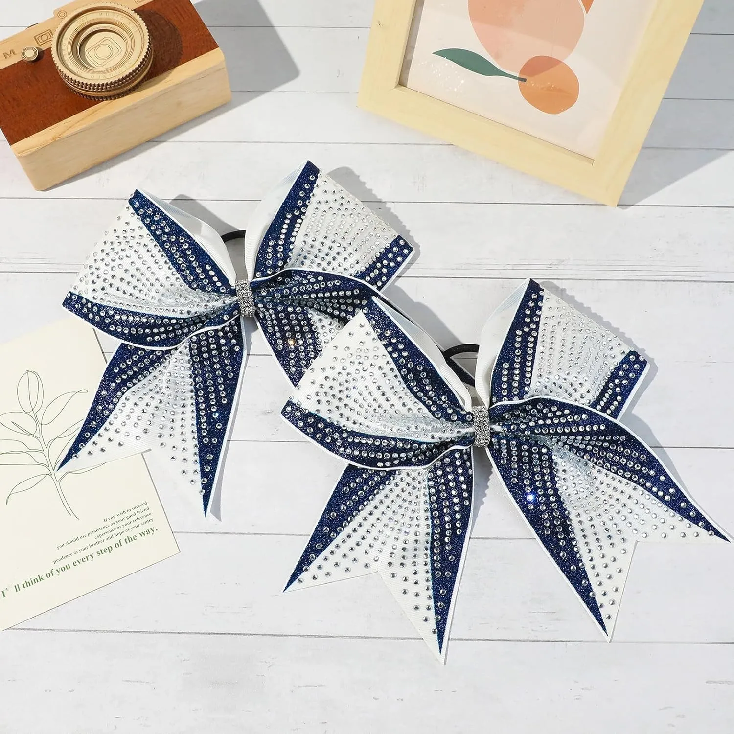 DEEKA 6PCS 8" Large Glitter Navy and White Cheer Bows with Full Shiny Rhinestones Stiff Cheer Hair Bows Elastic Band Ponytail Holder for Cheerleader Girls Sports-Navy/White