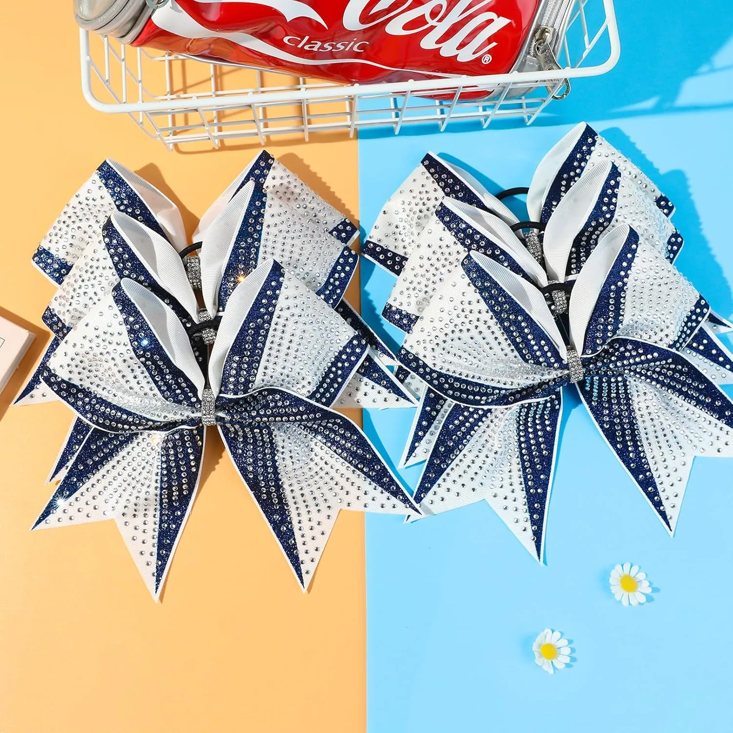 DEEKA 6PCS 8" Large Glitter Navy and White Cheer Bows with Full Shiny Rhinestones Stiff Cheer Hair Bows Elastic Band Ponytail Holder for Cheerleader Girls Sports-Navy/White
