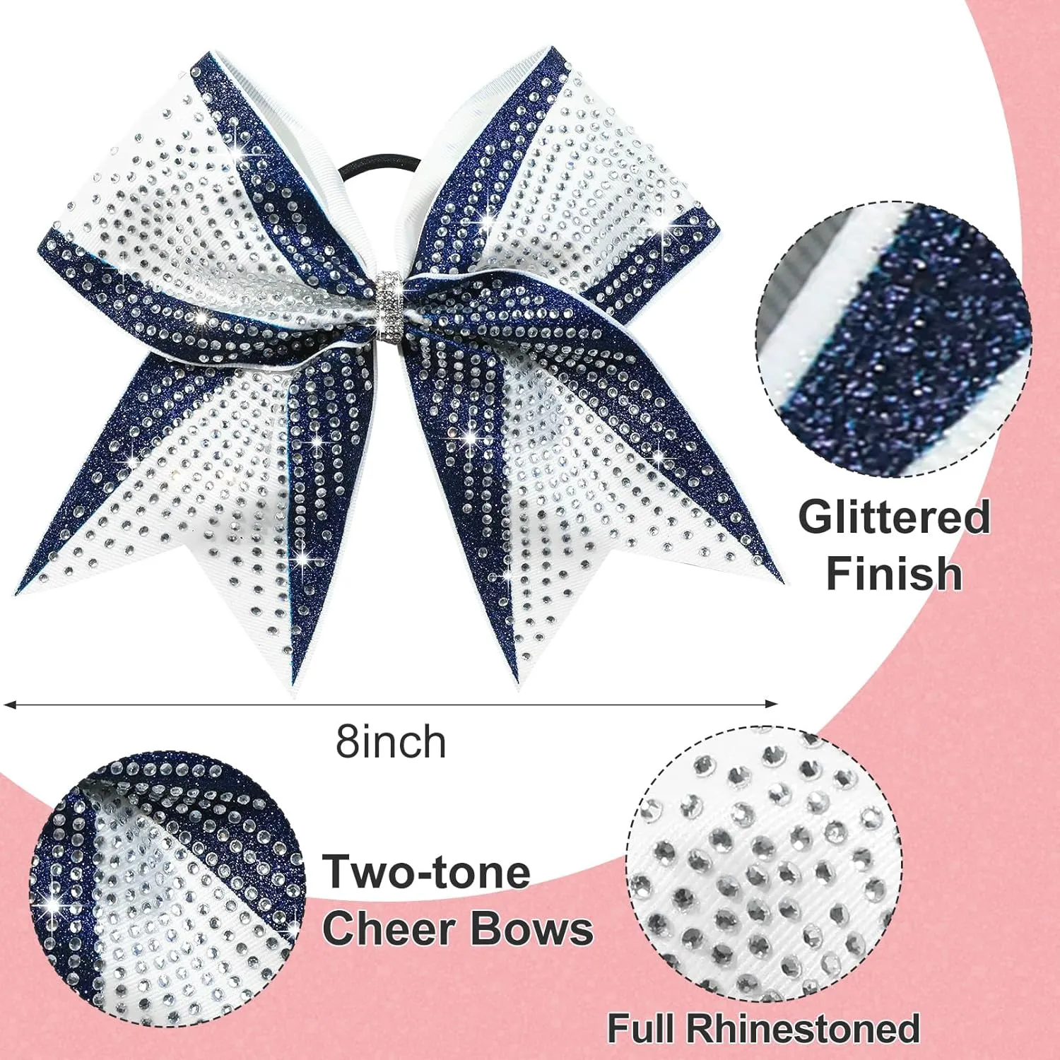DEEKA 6PCS 8" Large Glitter Navy and White Cheer Bows with Full Shiny Rhinestones Stiff Cheer Hair Bows Elastic Band Ponytail Holder for Cheerleader Girls Sports-Navy/White