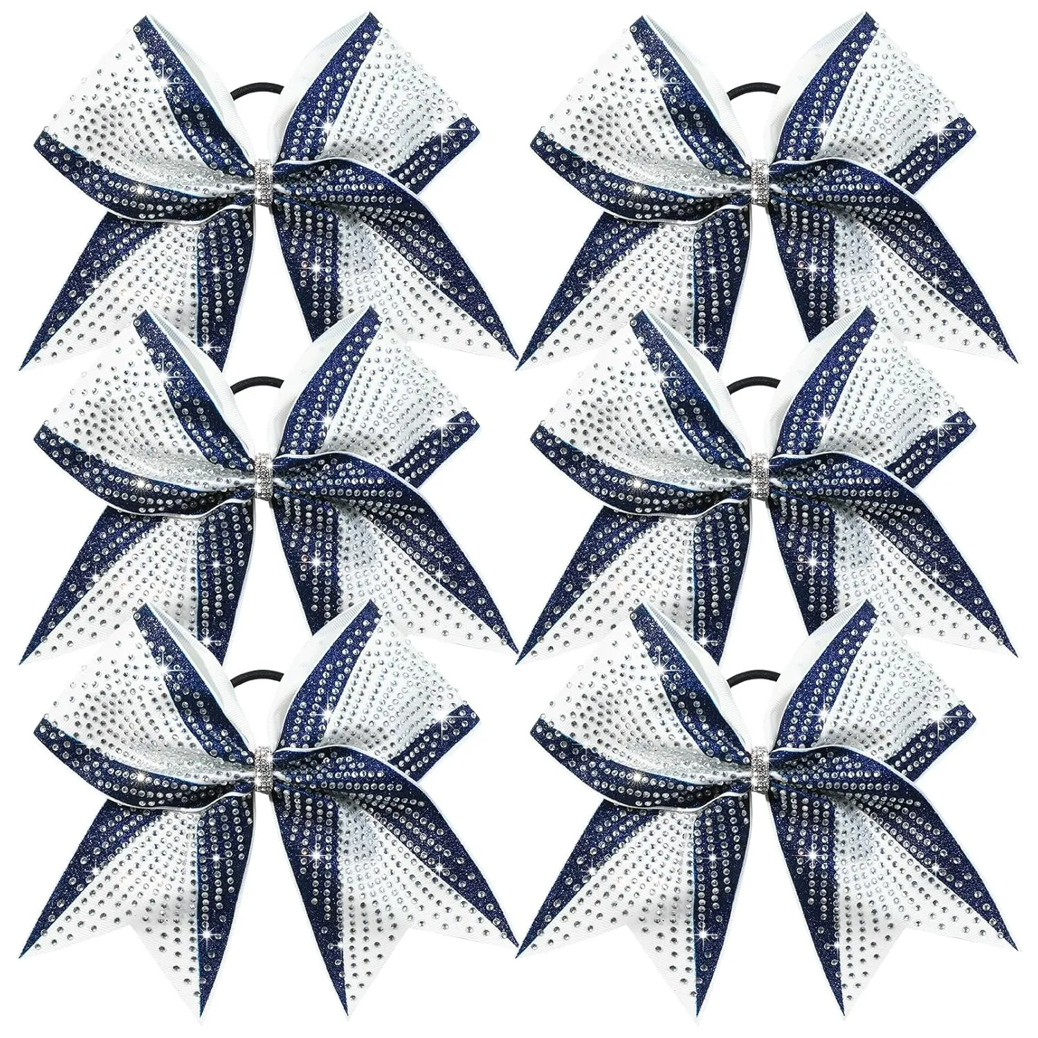 DEEKA 6PCS 8" Large Glitter Navy and White Cheer Bows with Full Shiny Rhinestones Stiff Cheer Hair Bows Elastic Band Ponytail Holder for Cheerleader Girls Sports-Navy/White