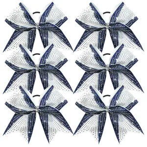 DEEKA 6PCS 8" Large Glitter Navy and White Cheer Bows with Full Shiny Rhinestones Stiff Cheer Hair Bows Elastic Band Ponytail Holder for Cheerleader Girls Sports-Navy/White