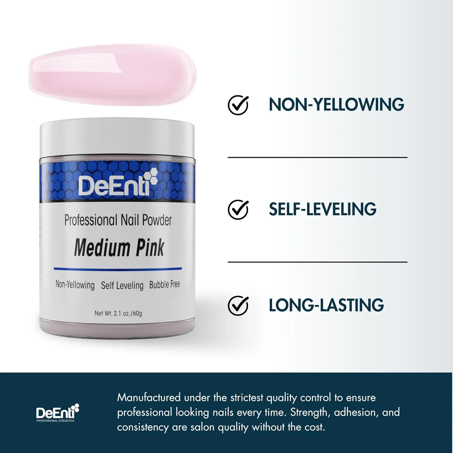DeEnti Acrylic Nail Powder, 2oz Medium Pink, Long Lasting Salon Quality, Bubble Free Professional Manicures, Nail Art, Fake Nails, Dip, Carving & Extensions