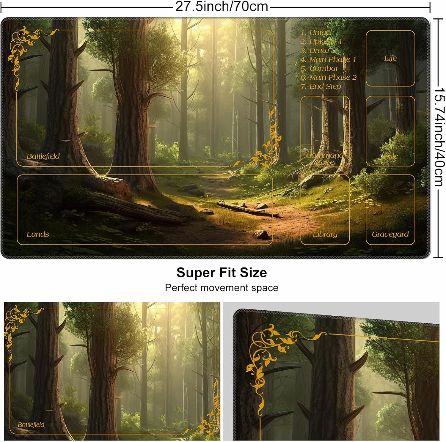 DEGDFSGR for MTG Playmat with Zones 27.5" x 15.74" for TCG Playmat Non-Slip Rubber Base Commander Playmat for Magic The Gathering Playmat Iorcana Trading Card Game, Sunshine Fairy Tale Forest