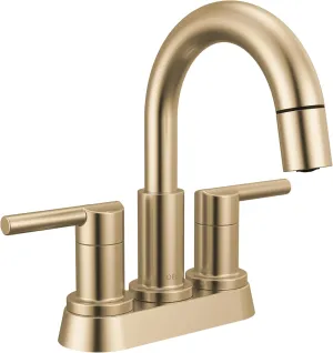 Delta Faucet Nicoli Pull-Down Centerset Bathroom Faucet, Gold High Arc 3-Hole Bathroom Sink Faucet with Sprayer, Champagne Bronze 25749LF-CZPD
