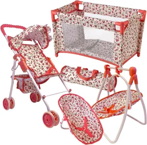 Deluxe Baby Doll Stroller and Crib Furniture Playset, Multi Baby Doll Accessories Set for 18" Dolls, Includes Doll Stroller Swing and Doll Bed Pretend Play for All Dolls - Floral
