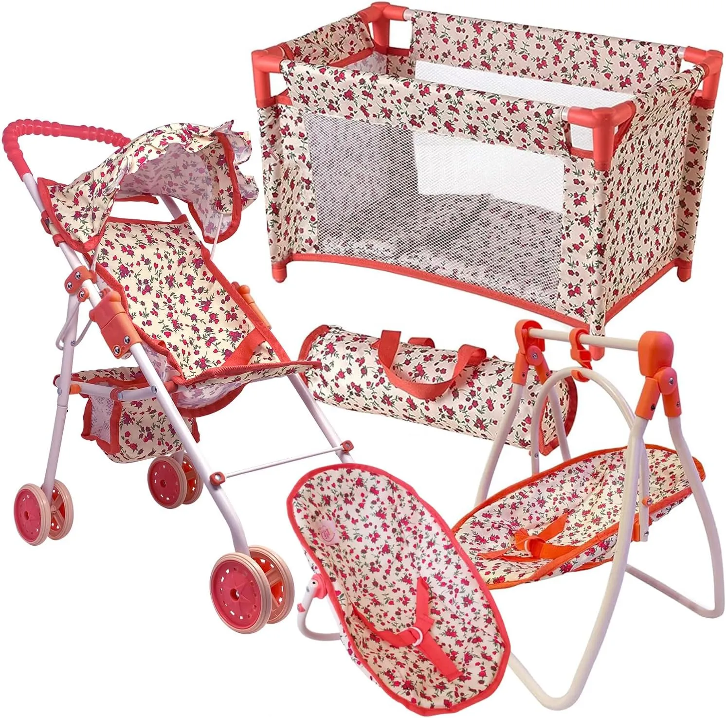Deluxe Baby Doll Stroller and Crib Furniture Playset, Multi Baby Doll Accessories Set for 18" Dolls, Includes Doll Stroller Swing and Doll Bed Pretend Play for All Dolls - Floral