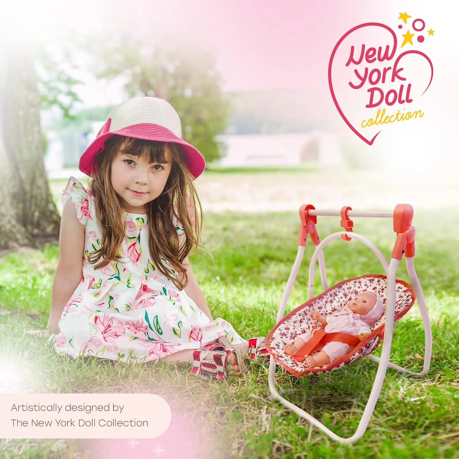 Deluxe Baby Doll Stroller and Crib Furniture Playset, Multi Baby Doll Accessories Set for 18" Dolls, Includes Doll Stroller Swing and Doll Bed Pretend Play for All Dolls - Floral