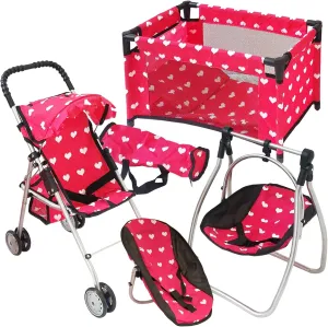Deluxe Baby Doll Stroller with Crib Furniture Playset, Multi Baby Doll Accessories Set for 18" Dolls, Includes Doll Stroller Swing and Doll Bed Pretend Play for All Dolls - Pink