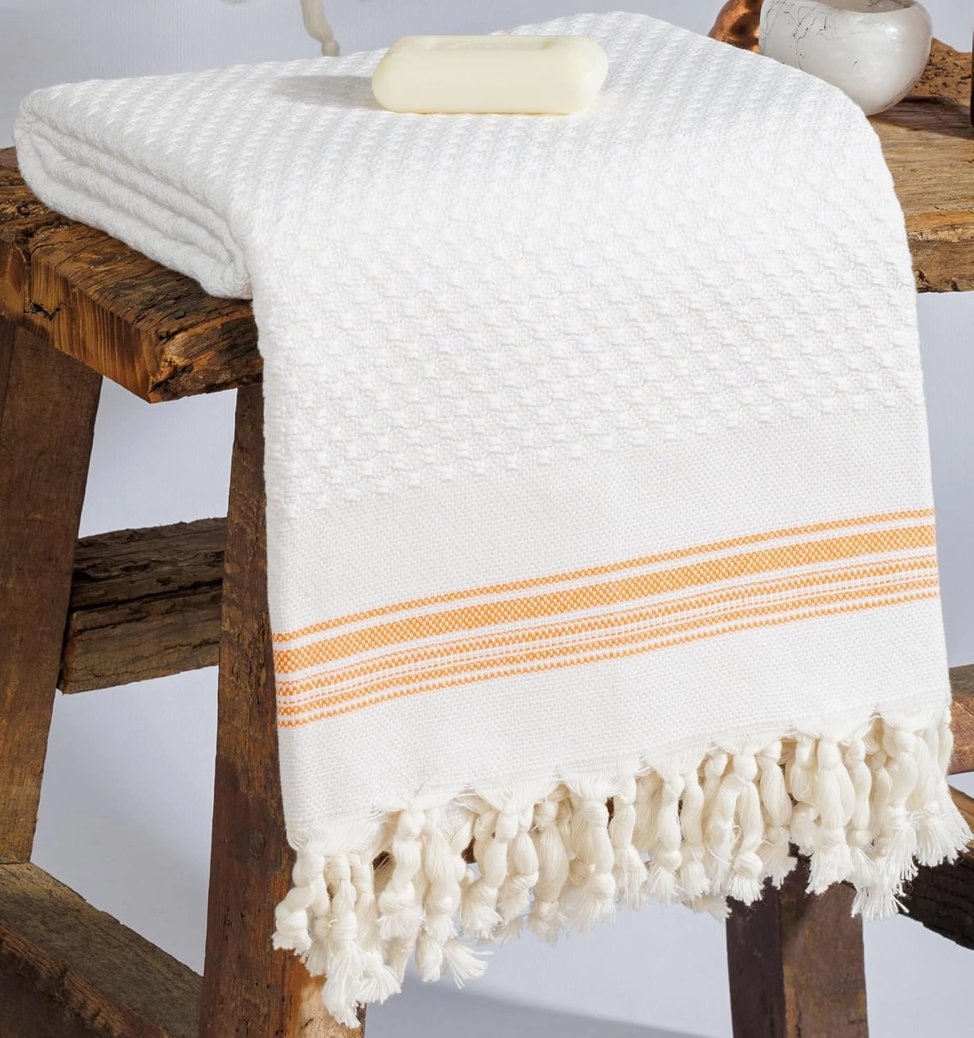 DEMMEX Micro Waffle Turkish Bath Towel – 100% Oeko-TEX Certified Cotton - Luxury, Ultra Soft, Quick-Dry, Lightweight Bathroom Towel Bath Sheet, Cotton Bubbles Texture, Oversized 70x40'', White Orange