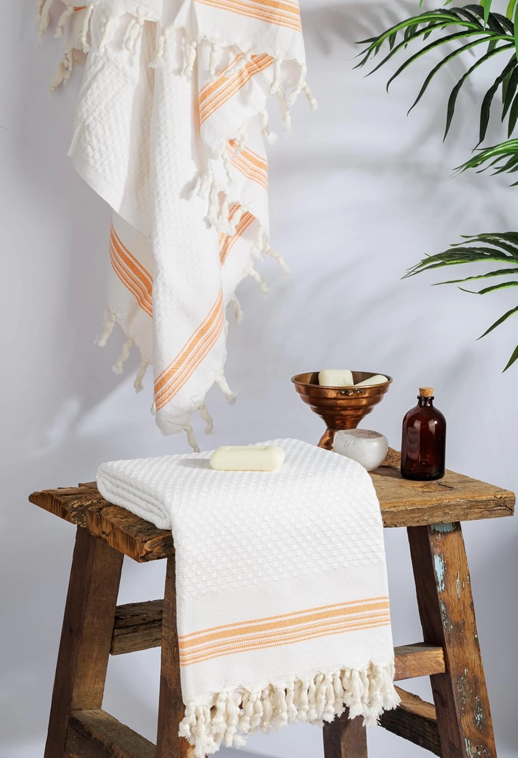 DEMMEX Micro Waffle Turkish Bath Towel – 100% Oeko-TEX Certified Cotton - Luxury, Ultra Soft, Quick-Dry, Lightweight Bathroom Towel Bath Sheet, Cotton Bubbles Texture, Oversized 70x40'', White Orange