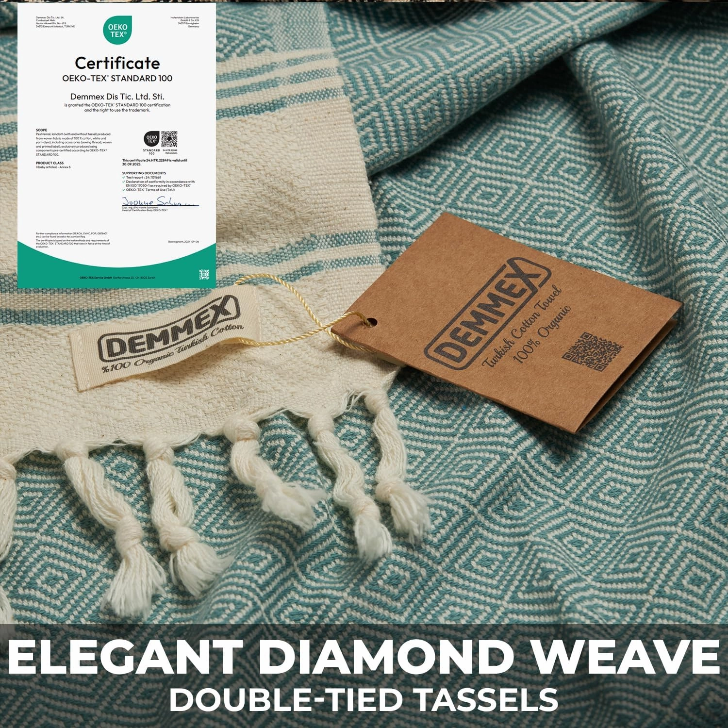 DEMMEX Organic Diamond Turkish Bath & Beach Towel | 100% Oeko-TEX Certified Turkish Cotton, Ultra-Soft, Quick-Dry, Lightweight, Compact & Oversized Luxury Peshtemal Towel, Prewashed, 71"x36", Gray