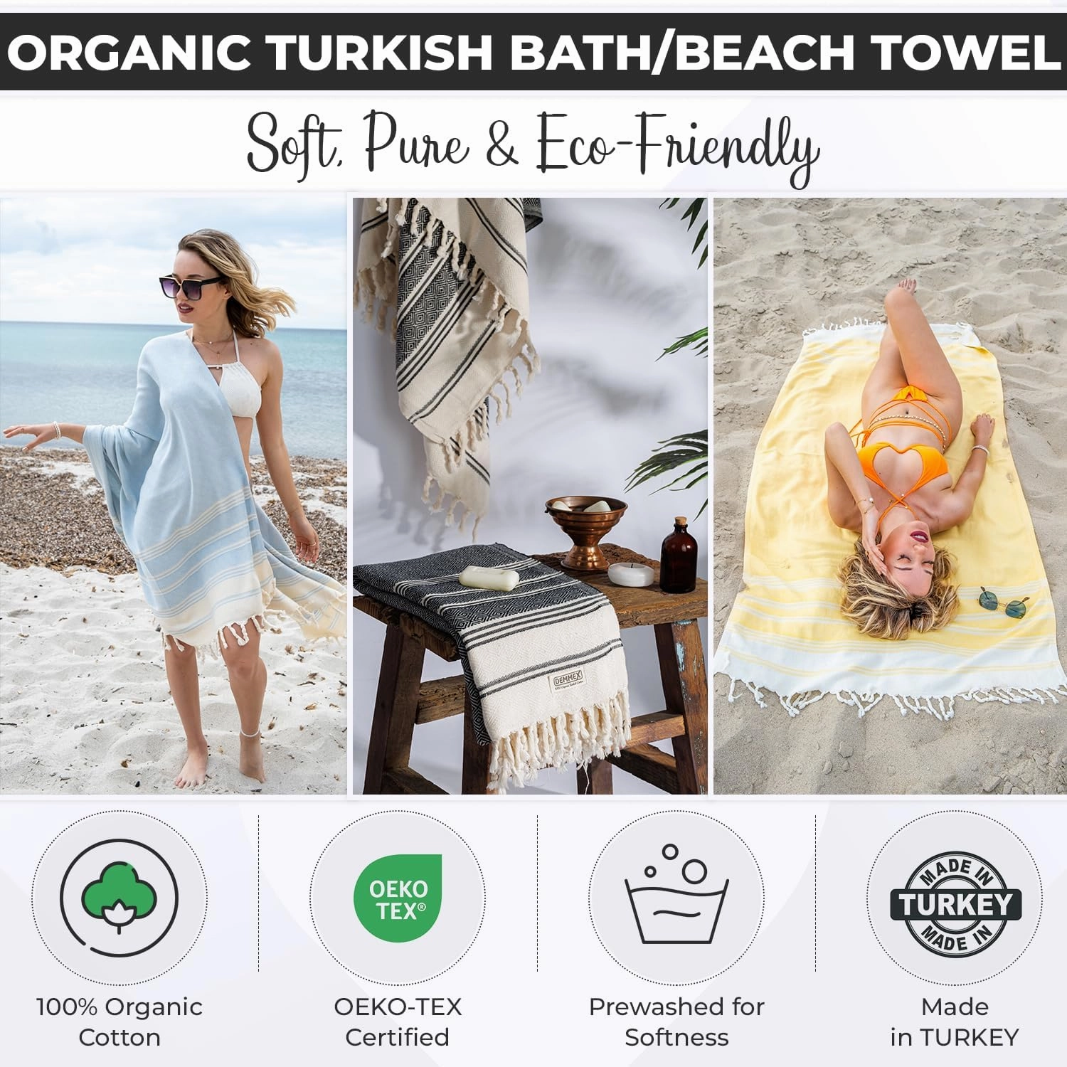 DEMMEX Organic Diamond Turkish Bath & Beach Towel | 100% Oeko-TEX Certified Turkish Cotton, Ultra-Soft, Quick-Dry, Lightweight, Compact & Oversized Luxury Peshtemal Towel, Prewashed, 71"x36", Gray