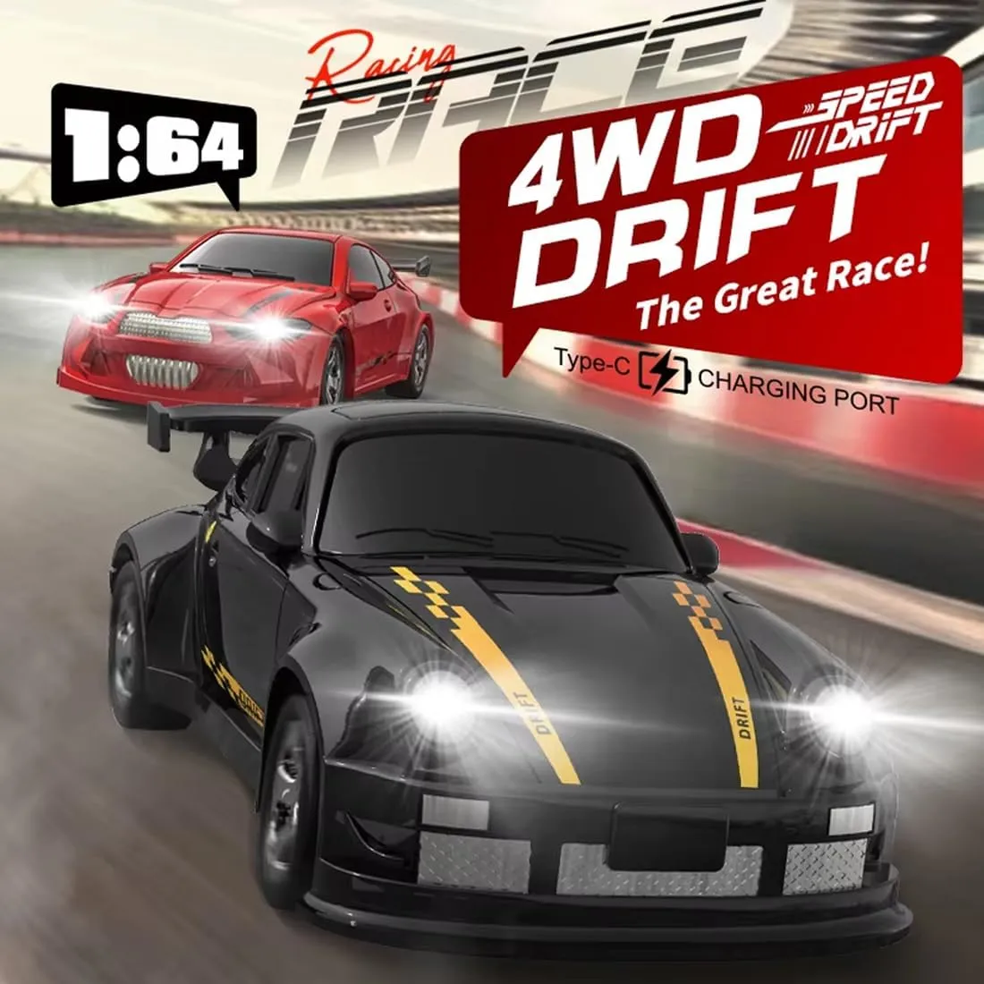 Desktop Mini Drift Car 1:64 Scale, 2.4Ghz Full-Scale Throttle 4WD Racing Drift Car Adjustable Sportscar Gift for Enthusiasts