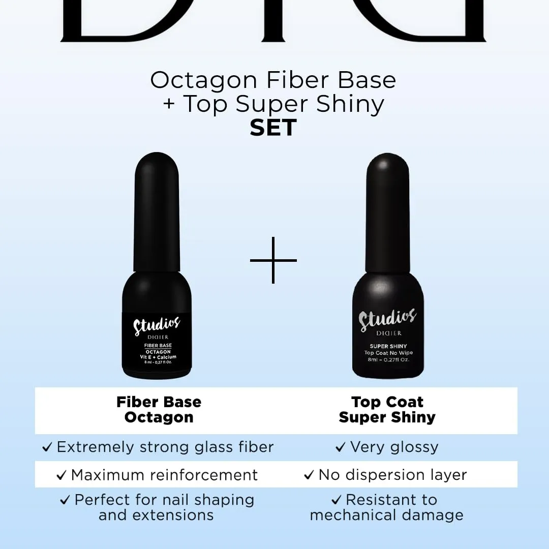 DIDIER LAB - Premium Base Coat Gel Nail Polish Octagon & Top Coat Gel Nail Polish Super Shiny - Gel Nail Polish Set - Nail Strengthener- No Wipe Gel Top Coat - Soak off Gel Polish - UV Nail Polish