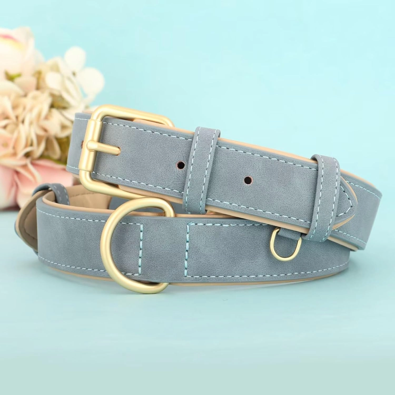 Didog Soft Padded Leather Dog Collar, Adjustable Dog Collars for Medium Dogs with Heavy Duty Metal Buckle and D Ring,Blue,L