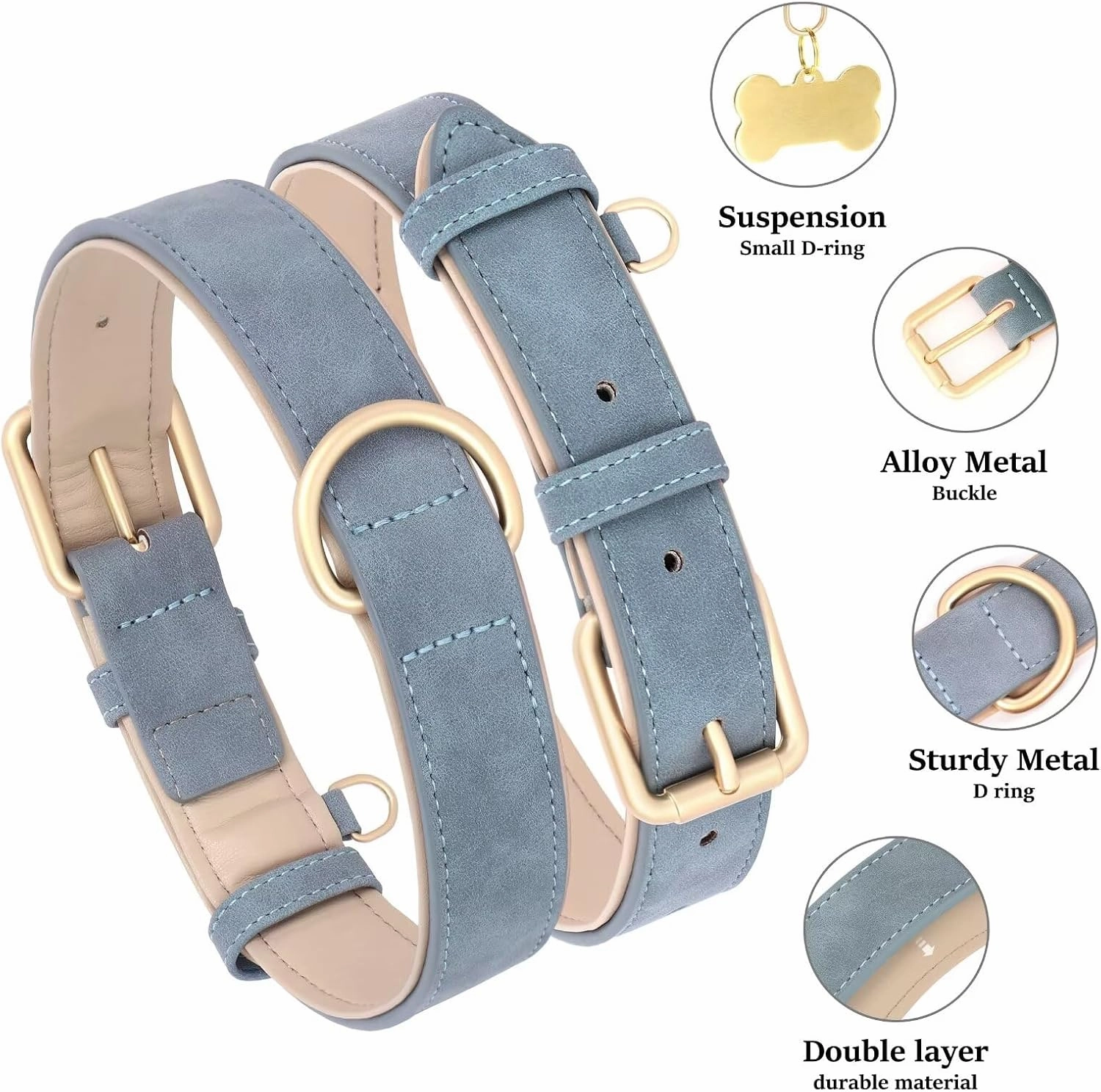 Didog Soft Padded Leather Dog Collar, Adjustable Dog Collars for Medium Dogs with Heavy Duty Metal Buckle and D Ring,Blue,L
